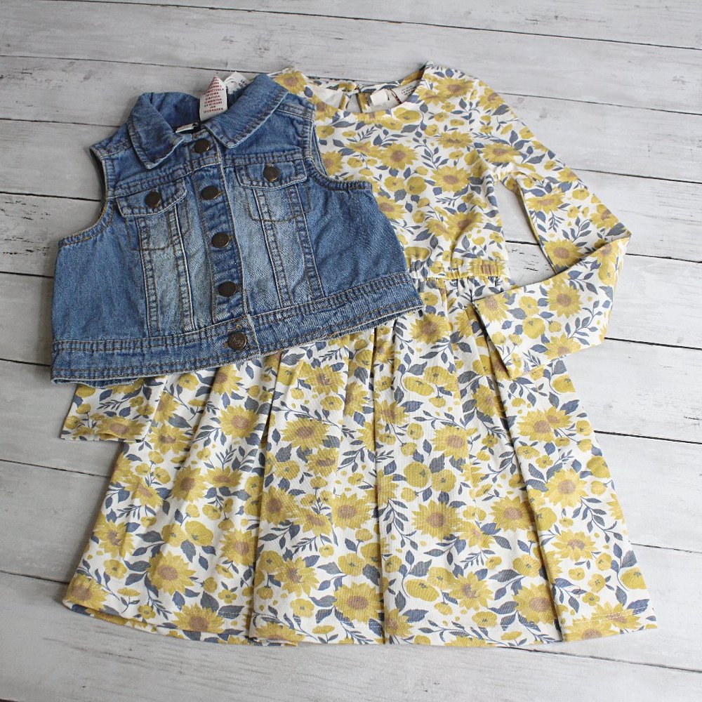 Joie Kids Girl's Dress Denim Blue Jean Jacket Vest Set Size XS 4 4T Sunflower